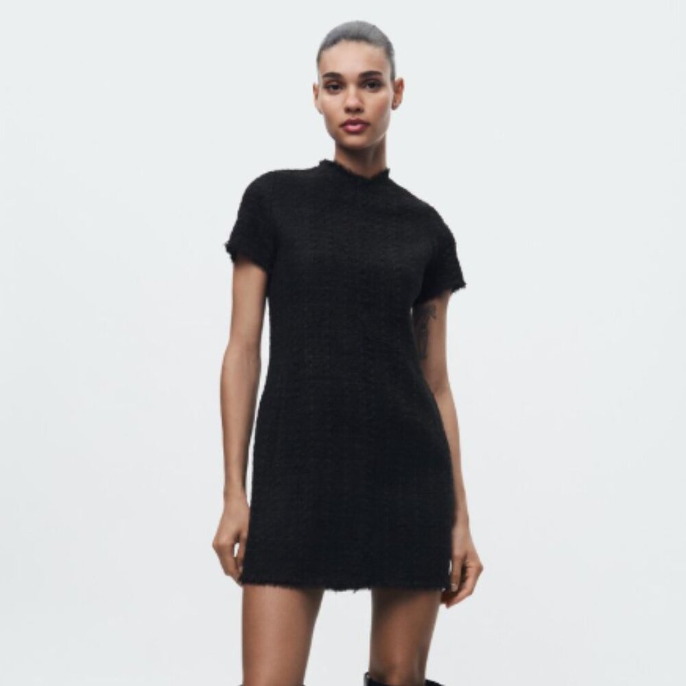 NWT Zara Structured Tweed Frayed Mini Dress Black - Picture 2 of 14